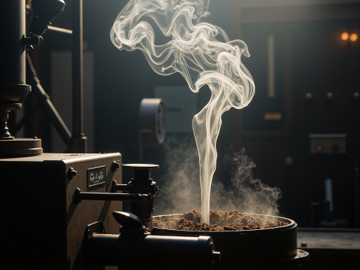 现代咖啡工厂内部,整齐排列的生产设备,身穿工作服的技术人员正在操作机器,温暖灯光下的工业环境